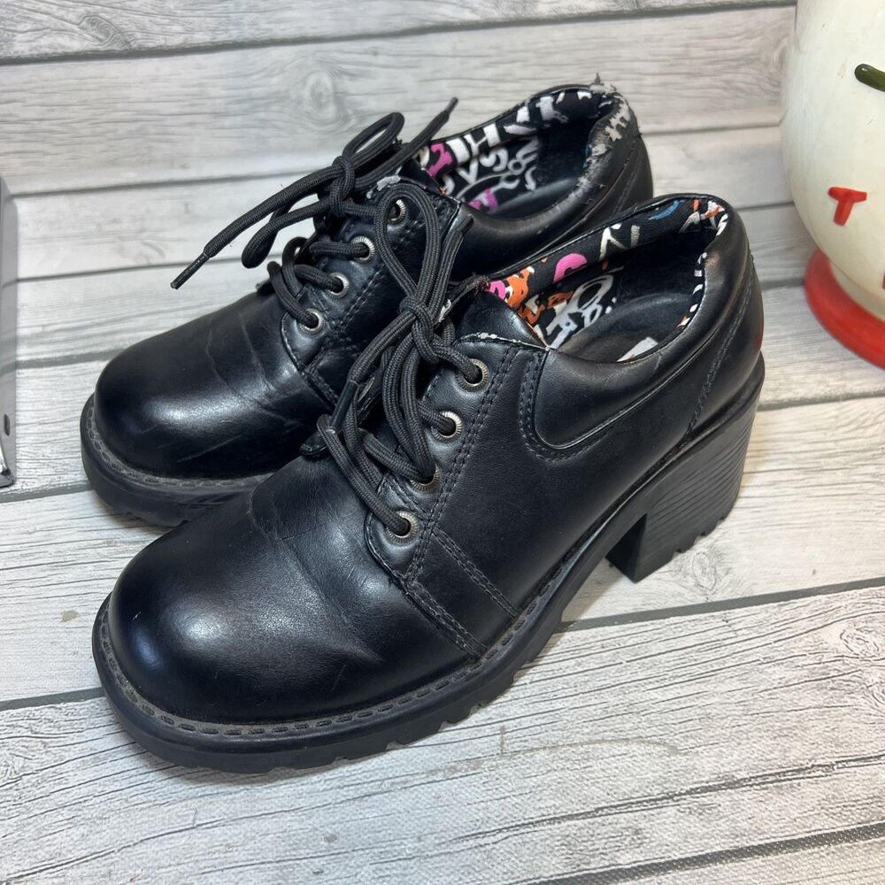 Y2k Vintage Black Chunky Platform Lace Up Oxford Shoes Round Cap Toe Sz 7 1/2